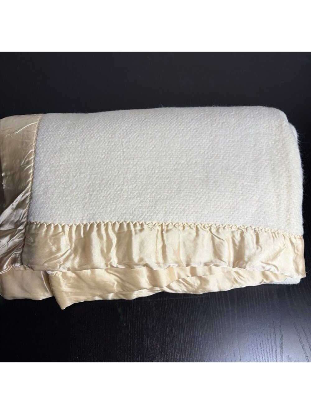Vintage 70s Full/Queen Ivory Thermal Acrylic Fleece Blanket w/Yellow Satin Trim